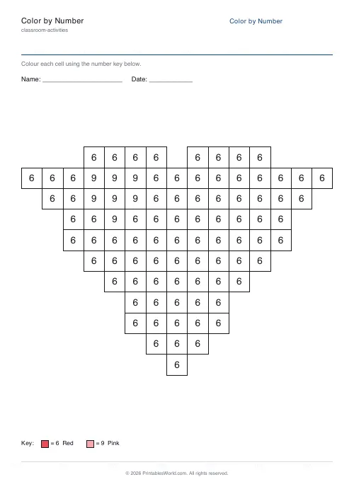 Free printable color-by-number worksheet — Heart — PDF download