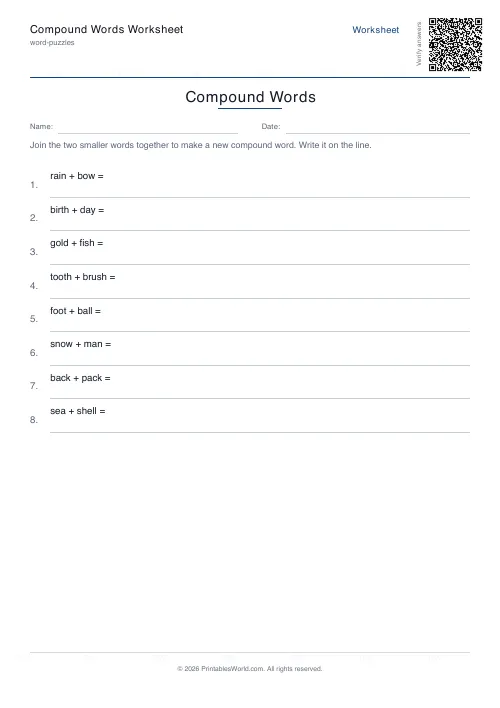 Free printable compound words worksheet — 8 problems — PDF download