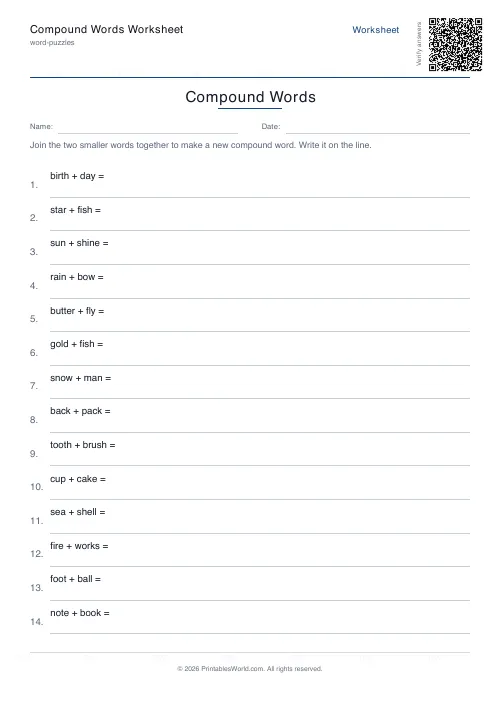 Free printable compound words worksheet — 14 problems — PDF download