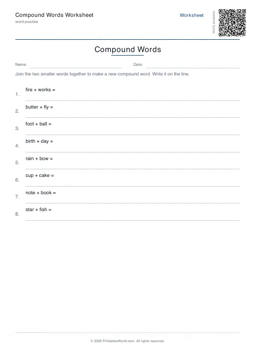 Free printable compound words worksheet — 8 problems, with answer key — PDF download