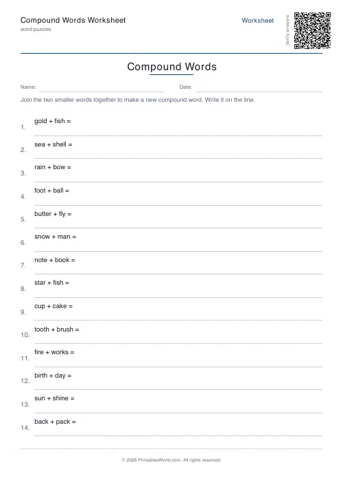 Free printable compound words worksheet — 14 problems, with answer key — PDF download