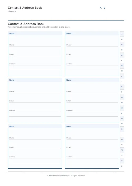 Free printable contact address book — 6 contacts — PDF download