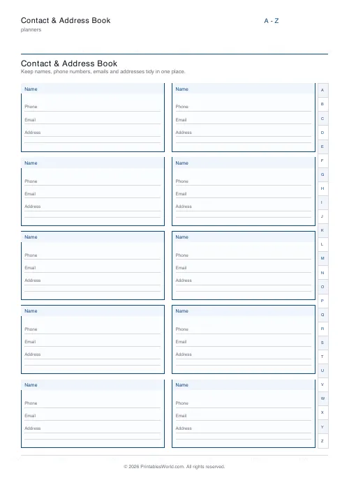 Free printable contact address book — 10 contacts — PDF download