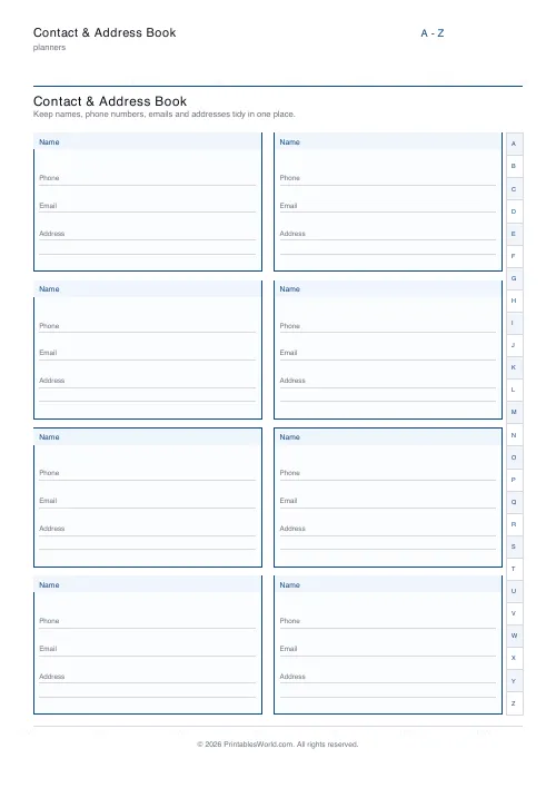 Free printable contact address book — With A–Z tabs — PDF download