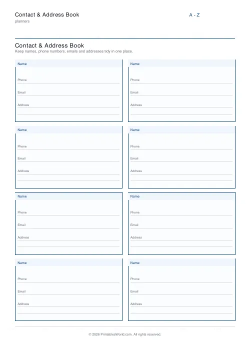 Free printable contact address book — No tabs — PDF download