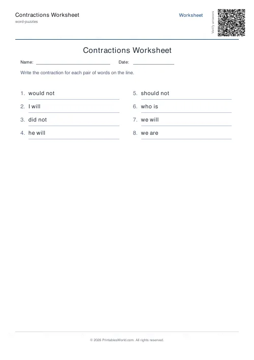 Free printable contractions worksheet — 8 problems — PDF download