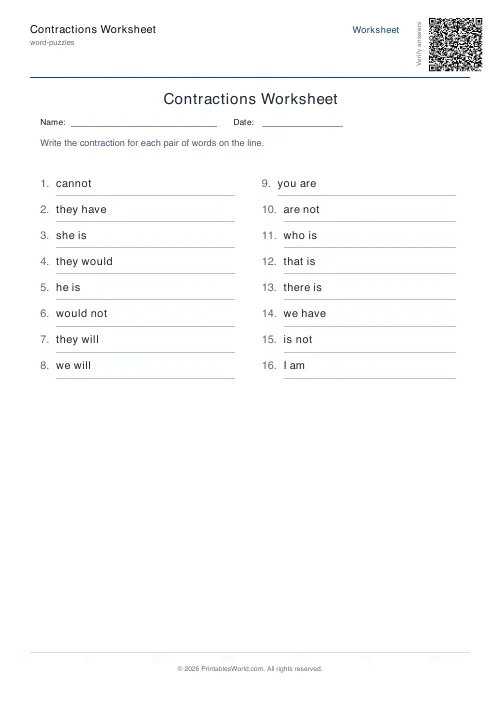 Free printable contractions worksheet — 16 problems — PDF download