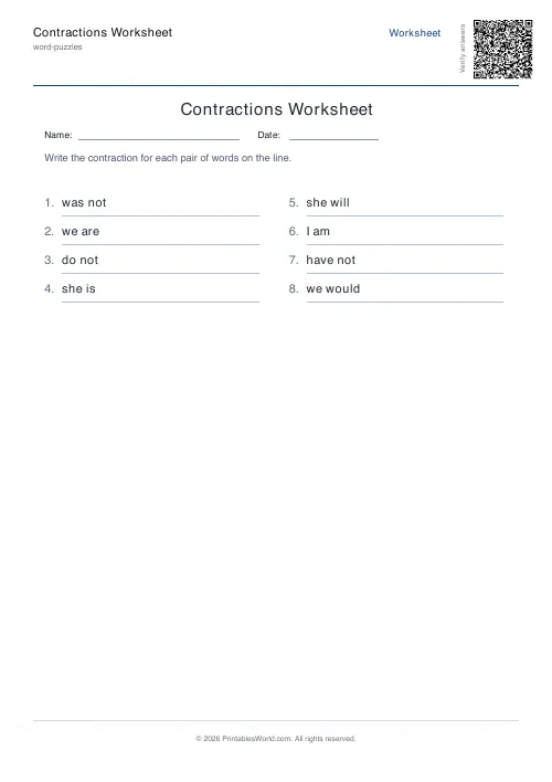Free printable contractions worksheet — 8 problems, with answer key — PDF download