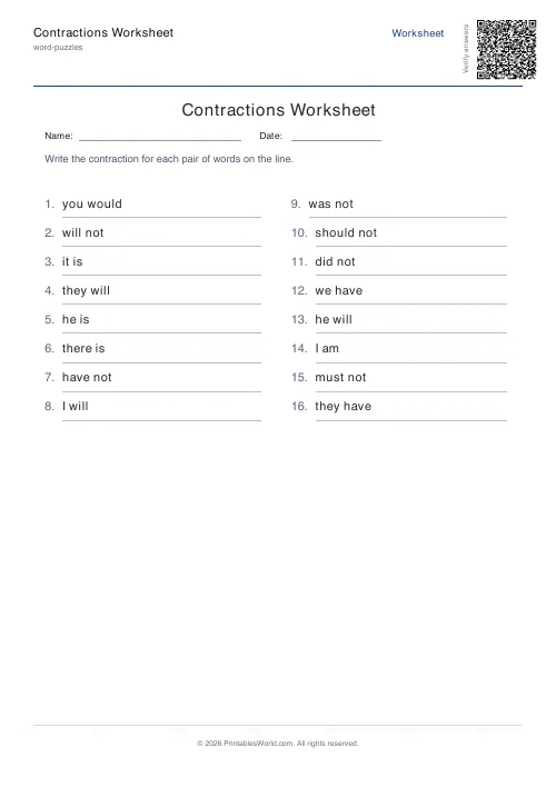 Free printable contractions worksheet — 16 problems, with answer key — PDF download