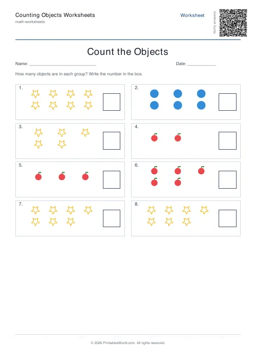 Free printable counting objects worksheet — Up to 10 — PDF download