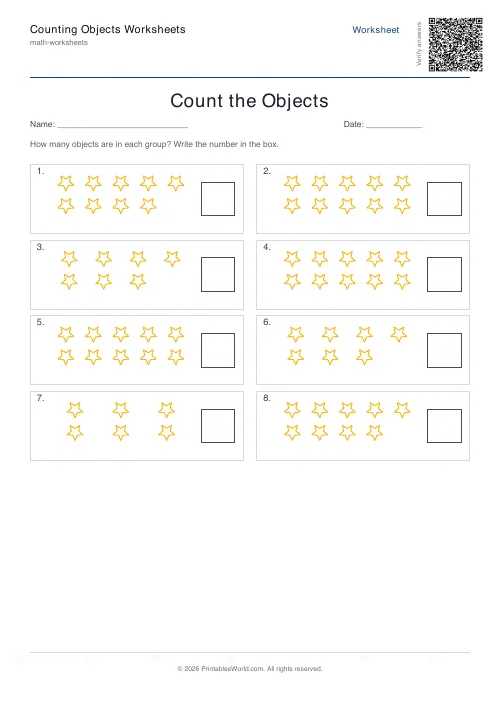 Free printable counting objects worksheet — Stars, with answer key — PDF download