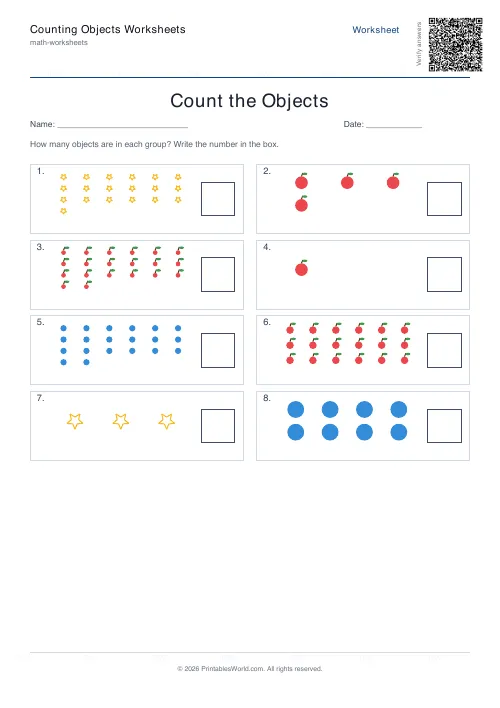 Free printable counting objects worksheet — Up to 20 — PDF download
