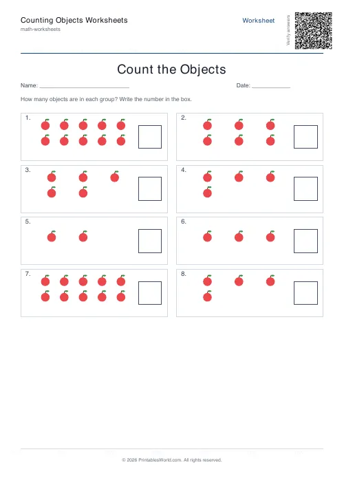 Free printable counting objects worksheet — Apples — PDF download