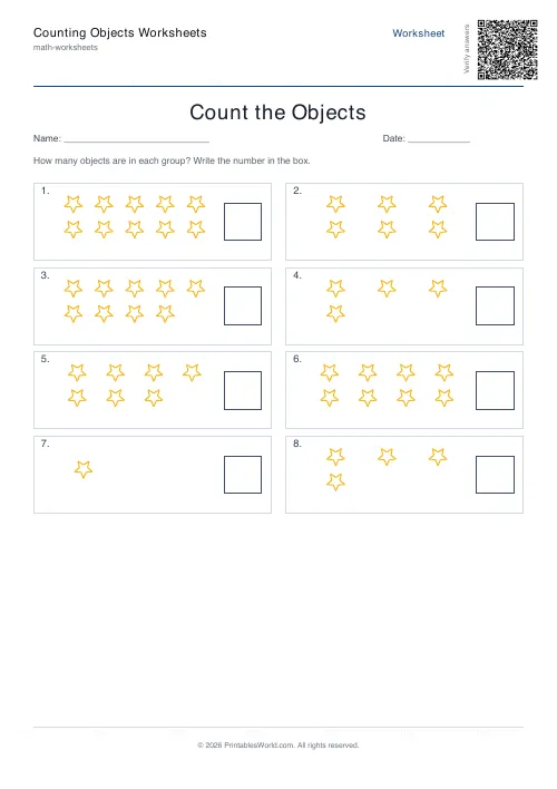 Free printable counting objects worksheet — Stars — PDF download
