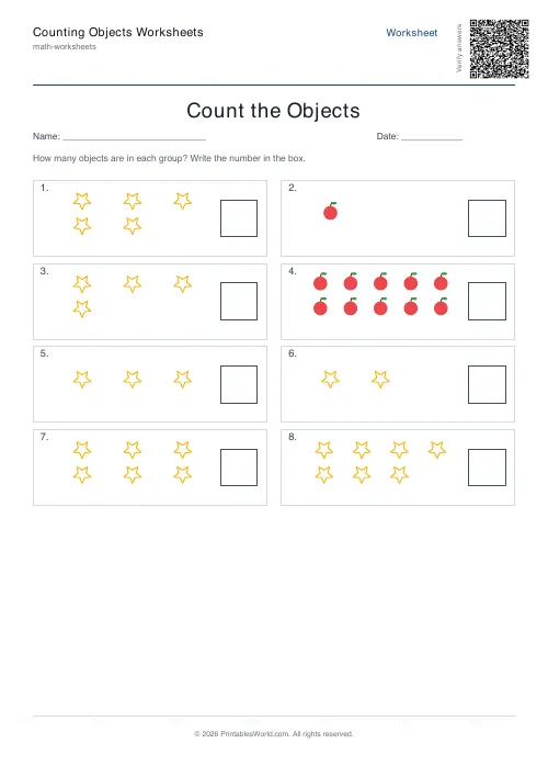 Free printable counting objects worksheet — Up to 10, with answer key — PDF download