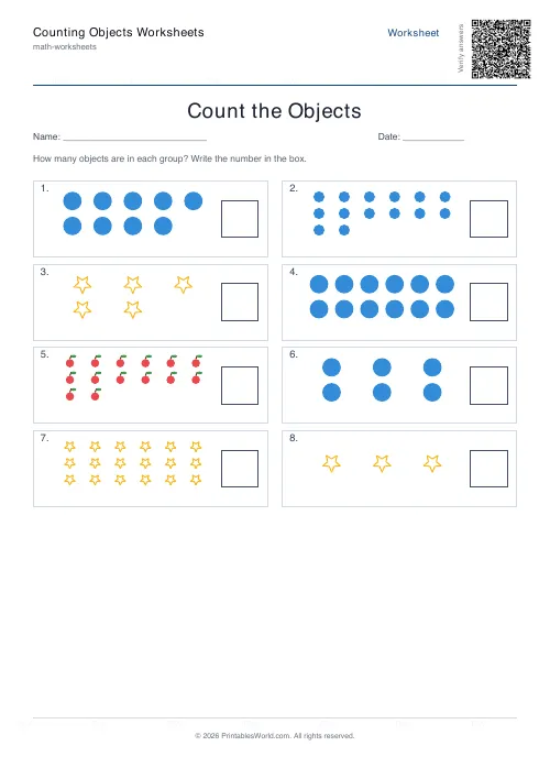 Free printable counting objects worksheet — Up to 20, with answer key — PDF download