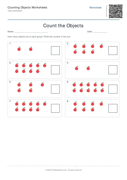 Free printable counting objects worksheet — Apples, with answer key — PDF download
