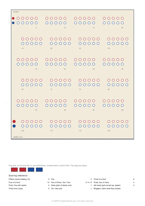 Free printable cribbage board (2 tracks), PDF download
