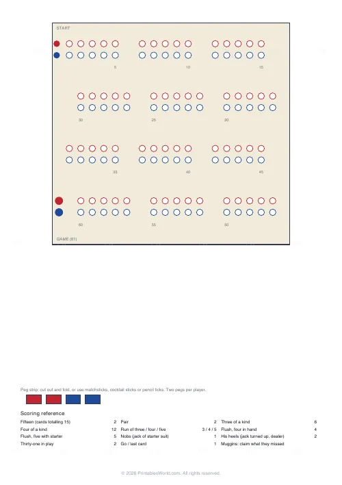 Free printable cribbage board (short game to 61), PDF download