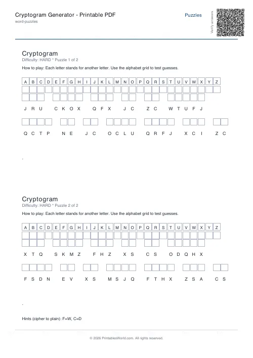 Free printable cryptogram puzzle — Hard — PDF download