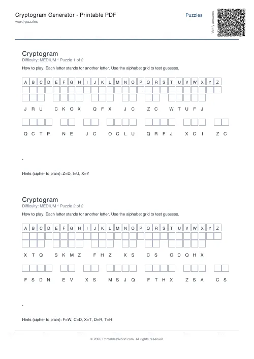Free printable cryptogram puzzle — 2 puzzles — PDF download
