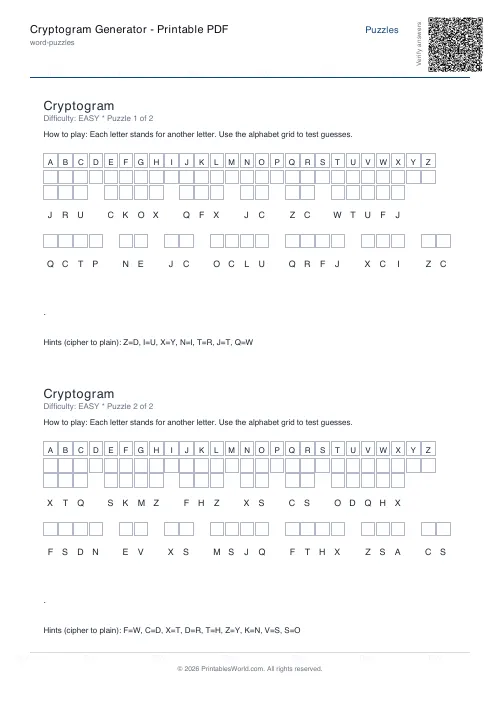 Free printable cryptogram puzzle — Easy, with answer key — PDF download