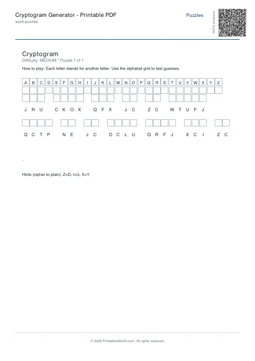 Free printable cryptogram puzzle — 1 puzzle, with answer key — PDF download