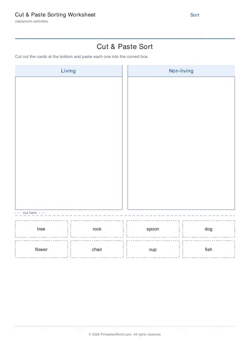 Free printable cut and paste sorting worksheet — Hide, with answer key — PDF download