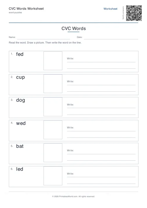 Free printable cvc words worksheet — Mixed — PDF download