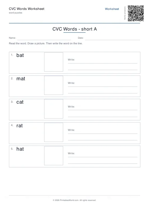Free printable cvc words worksheet — Short a — PDF download