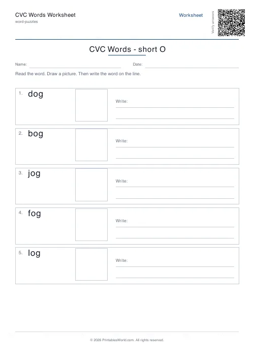 Free printable cvc words worksheet — Short o — PDF download