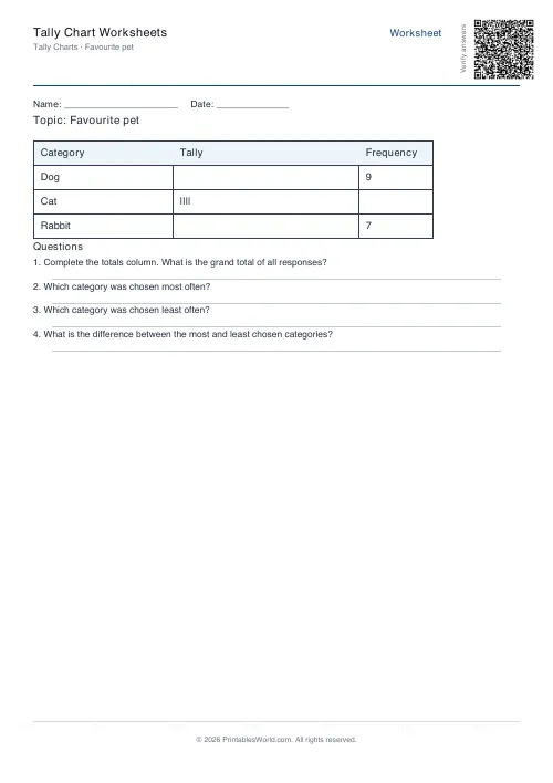 Free printable tally chart worksheet — 3 categories — PDF download
