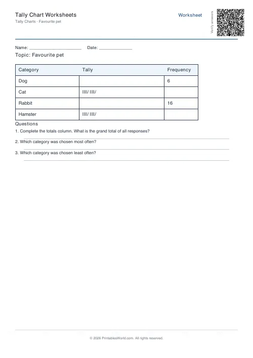 Free printable tally chart worksheet — 3 questions — PDF download