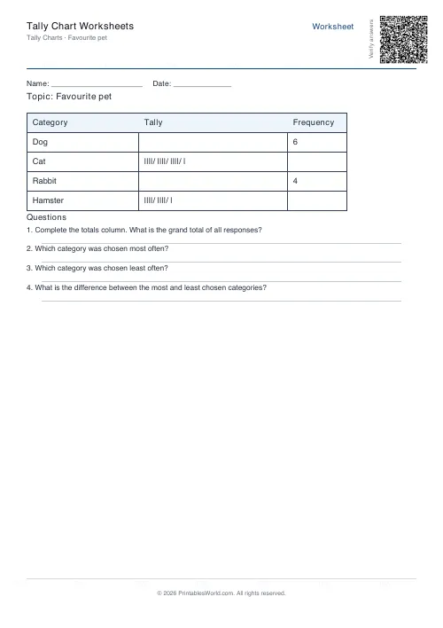 Free printable tally chart worksheet — 4 questions — PDF download