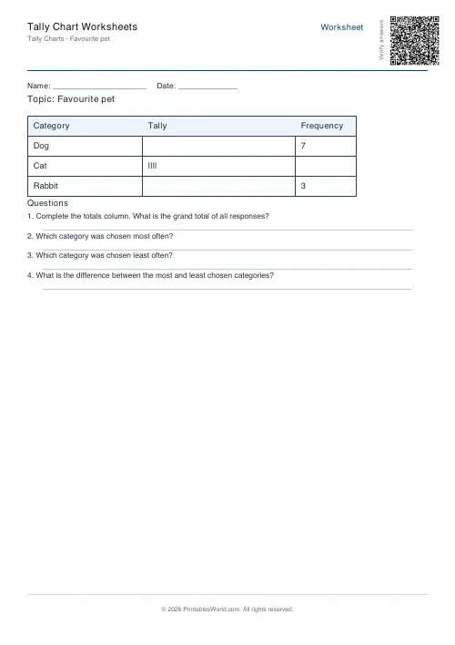 Free printable tally chart worksheet — 3 categories, with answer key — PDF download