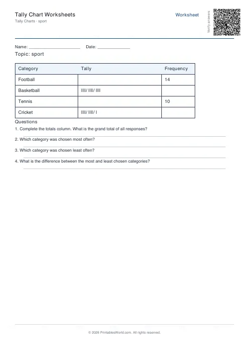 Free printable tally chart worksheet — Sport — PDF download