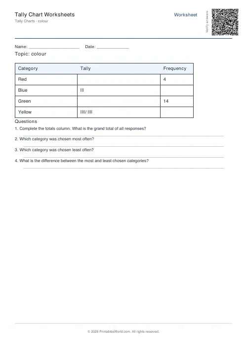 Free printable tally chart worksheet — Colour — PDF download