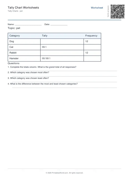 Free printable tally chart worksheet — Pet — PDF download