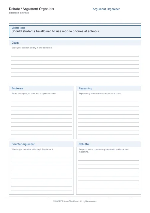Free printable debate graphic organiser — PDF download