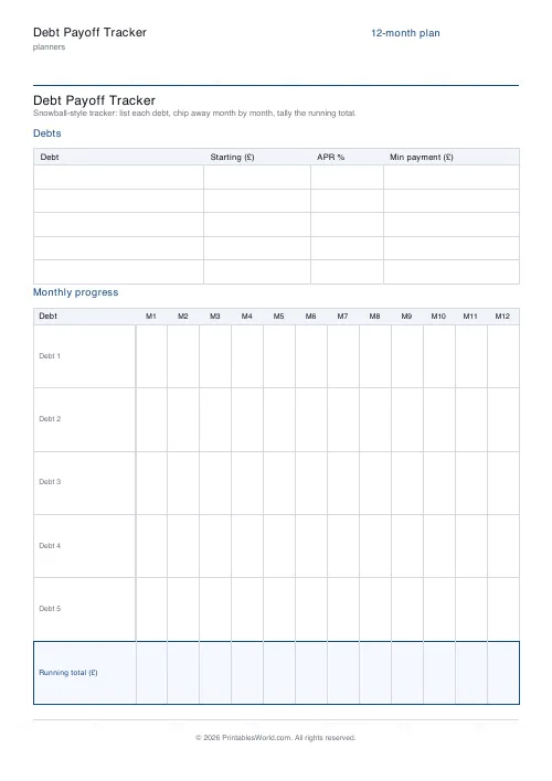 Free printable debt payoff tracker — Pounds (GBP) — PDF download