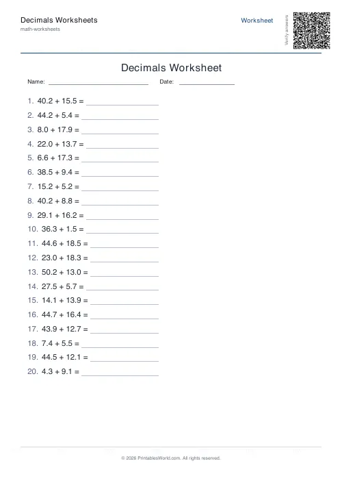 Free printable decimals worksheet — Addition — PDF download
