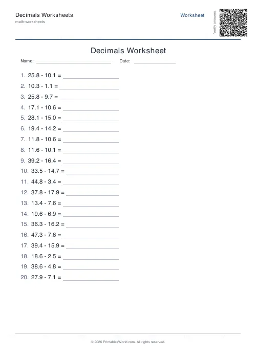 Free printable decimals worksheet — Subtraction, with answer key — PDF download