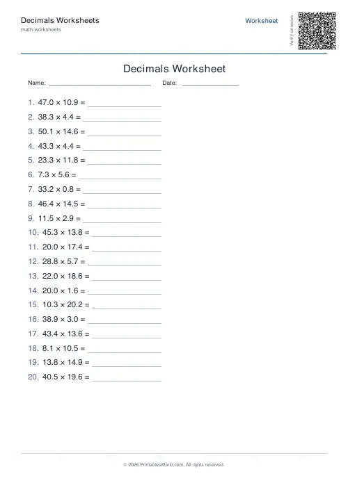 Free printable decimals worksheet — Multiplication, with answer key — PDF download