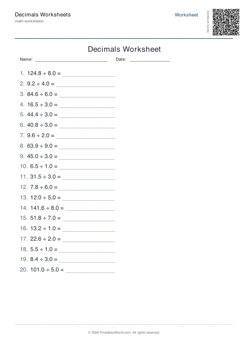 Free printable decimals worksheet — Division, with answer key — PDF download