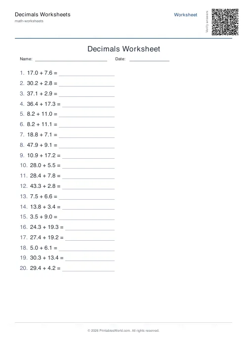 Free printable decimals worksheet — 1 dp, with answer key — PDF download