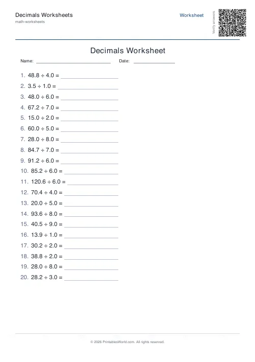 Free printable decimals worksheet — Division — PDF download