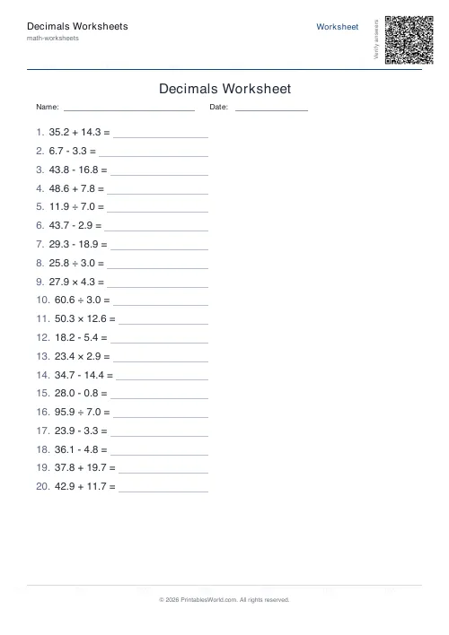 Free printable decimals worksheet — Mixed — PDF download