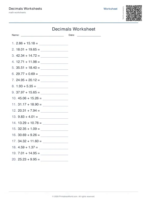 Free printable decimals worksheet — 2 dp — PDF download