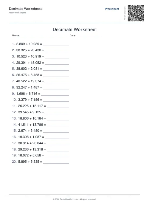 Free printable decimals worksheet — 3 dp — PDF download