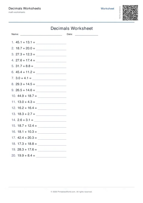 Free printable decimals worksheet — Addition, with answer key — PDF download